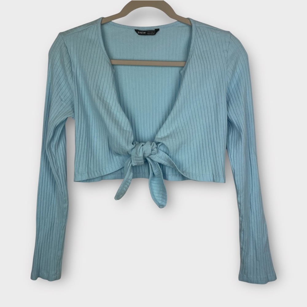 NWOT Shein Light Blue Ribbed Tie Front Long Sleeve Crop Top Size M
